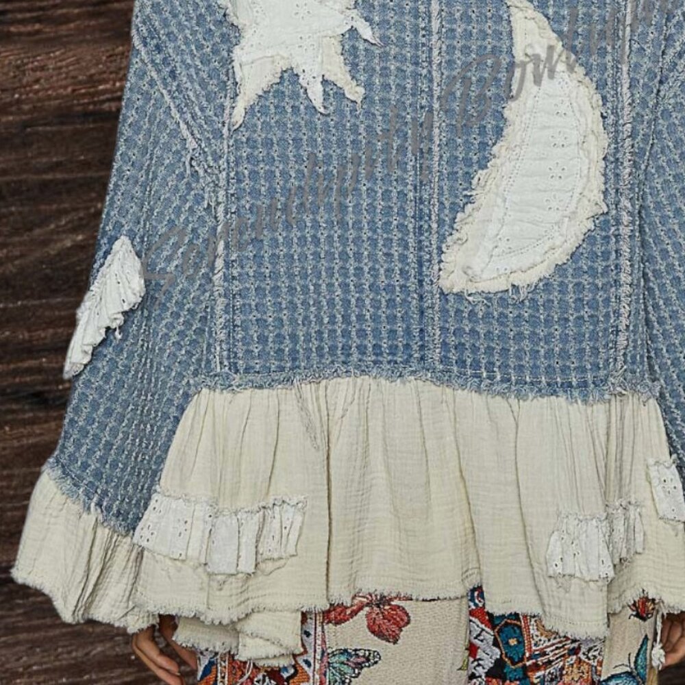 POL Hippie Bohemian Ruffles Denim Stars & Moon Patches Denim Jean Jacket - Picture 5 of 13